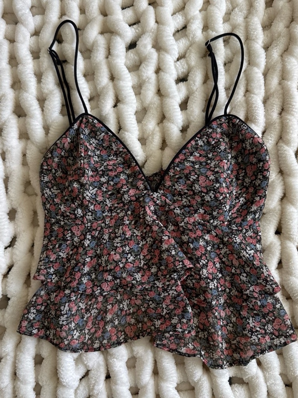 Dress Forum Black Floral Ruffle Cami with Pink and Blue Flowers
